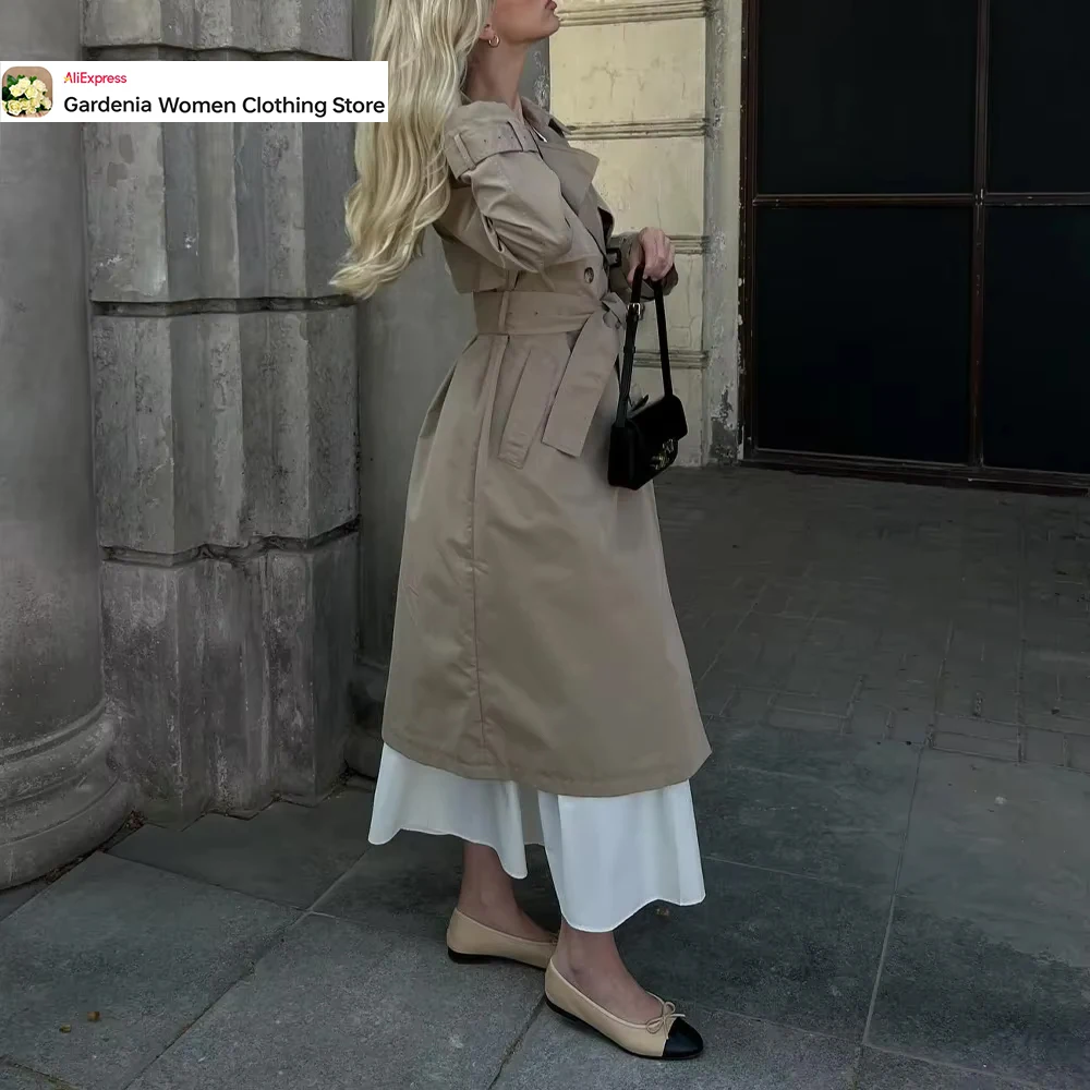 Fashion Women Long Trench Coat with Epaulettes Vintage Double Breasted Buttons Streetwear Mujer Coat with Adjustable Tonal Belt
