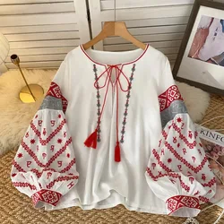 Vintage O-neck Lace-up Elegant Long Lantern Sleeves Chic Embroidered Top Bohemian Streetwear High Street Autumn Basics Clothing
