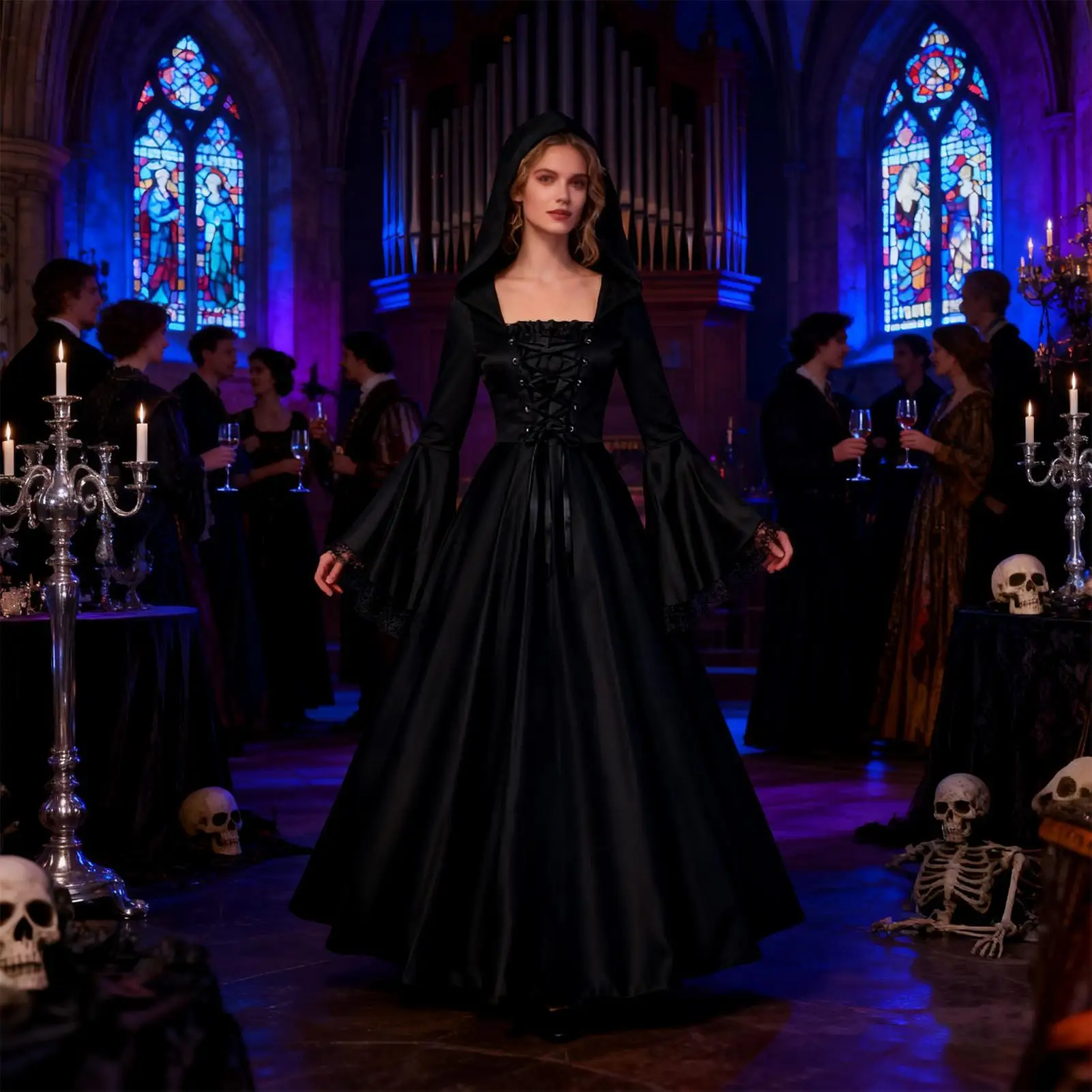 Halloween Witch Costume Medieval Gothic Long Dress Hooded Renaissance Cosplay Horror Dress-up for Women Haunted House Theater - view 5