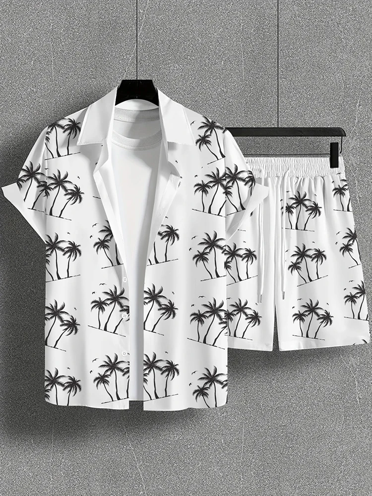 New Summer Men\'s European And American Vacation Style Beach Coconut Print Short-sleeved Shirt + Shorts 2-piece Daily Suit