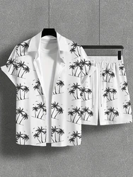 New Summer Men's European And American Vacation Style Beach Coconut Print Short-sleeved Shirt + Shorts 2-piece Daily Suit