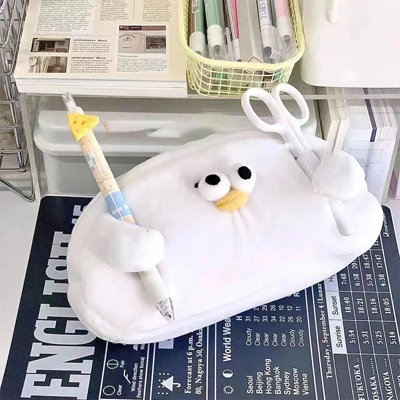 Kawaii Cartoon Seagull Pencil Case Large Capacity Cute Plush Pouch Bag For Girls School Supplies Korean Style Student Stationery