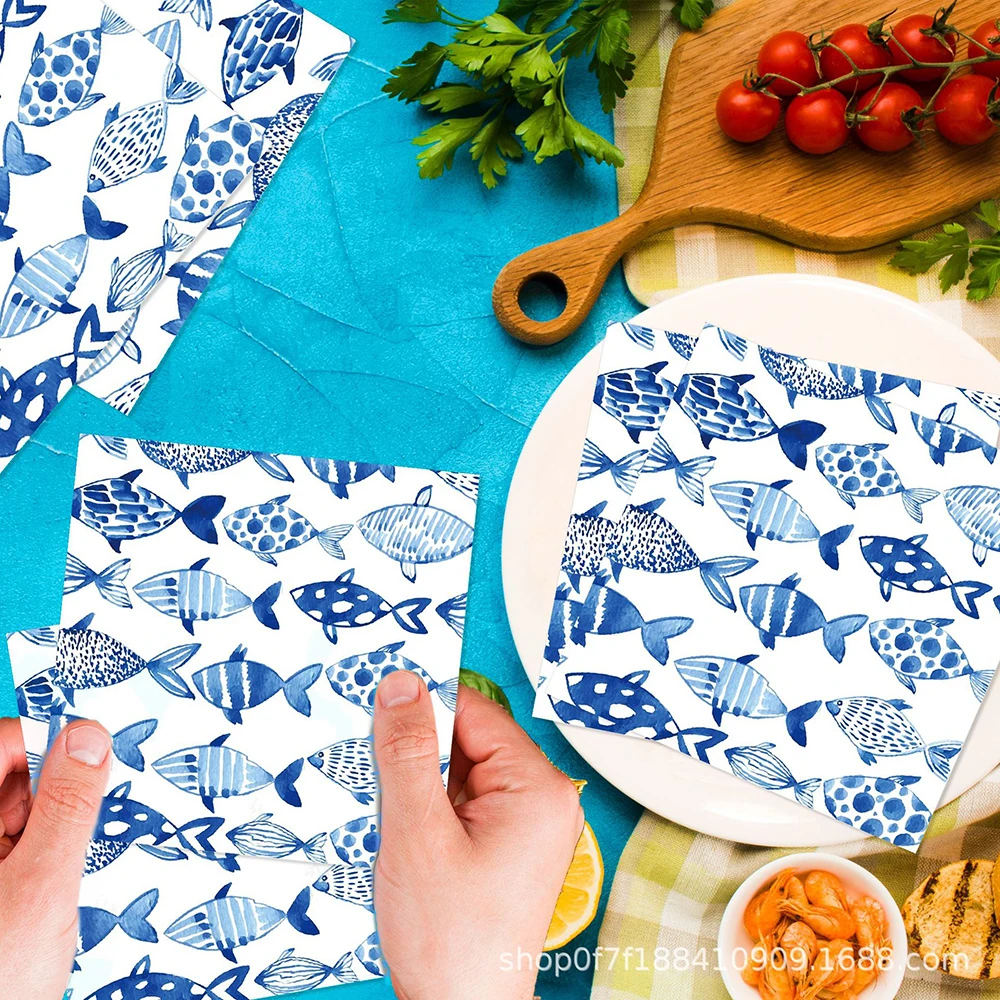 20/40/60/80/100pcs Fish Paper Napkins Watercolor Sea Ocean Luncheon Napkins for Fishing Party Decors Restaurant Kitchen Supplies