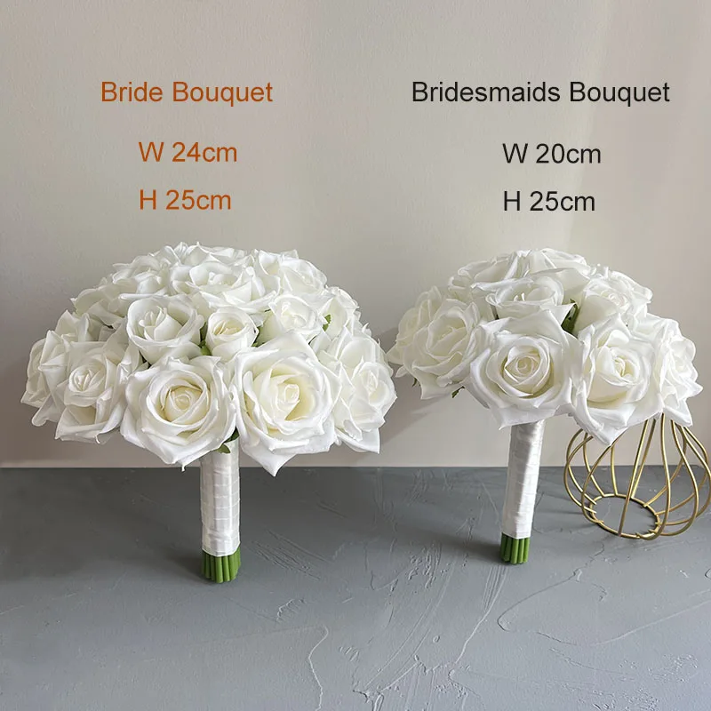 Bride Bridesmaids Bouquet Wedding Flowers Accessories Boutonniere Men White Silk Roses Artificial Bridal Bouquet Centrepiece image 6