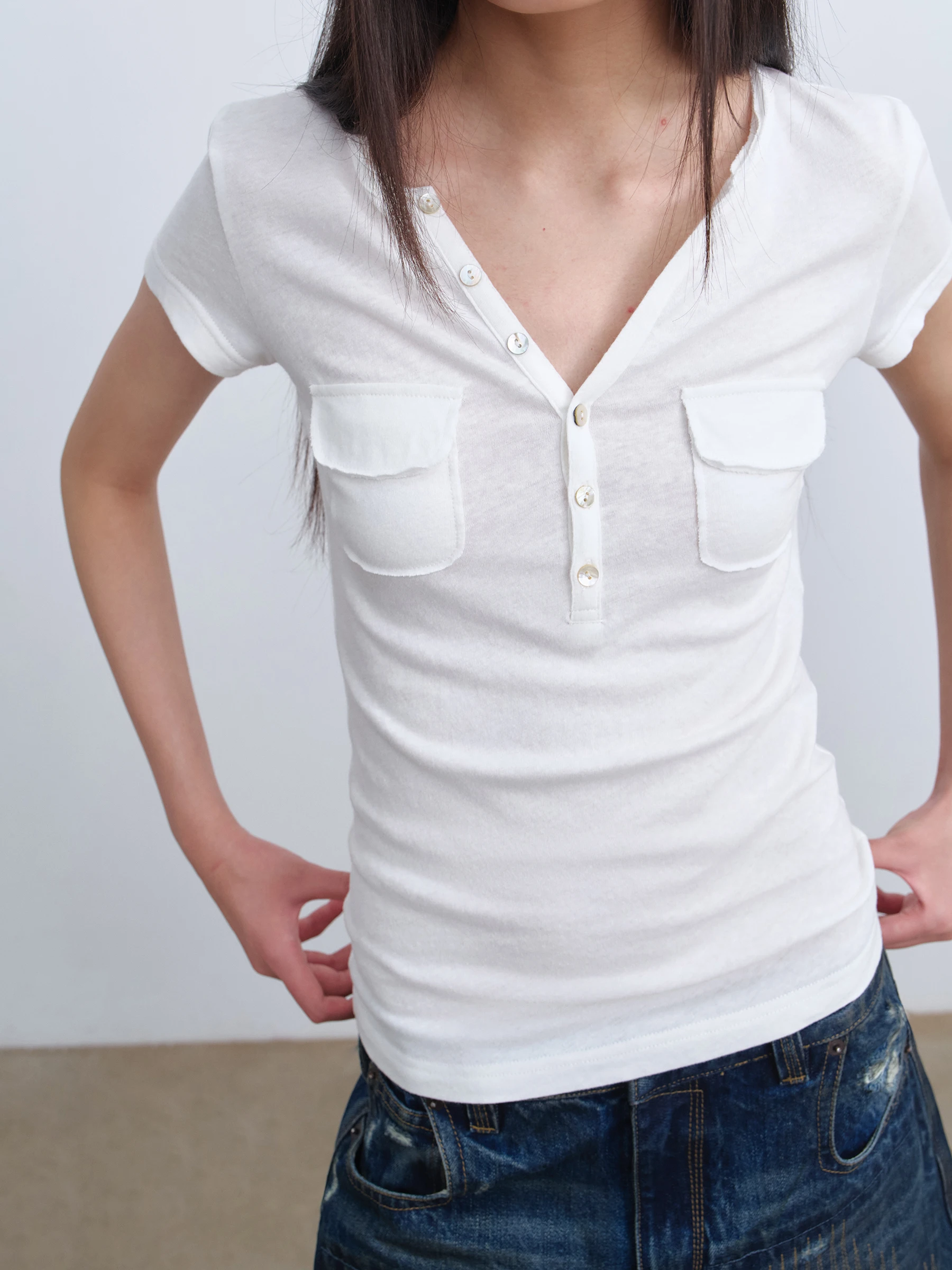 VERMO Comfortable Elastic Cotton Short Sleeve T-Shirt Vintage Washed Slim Fit Gathered Lightweight Women's Casual Top