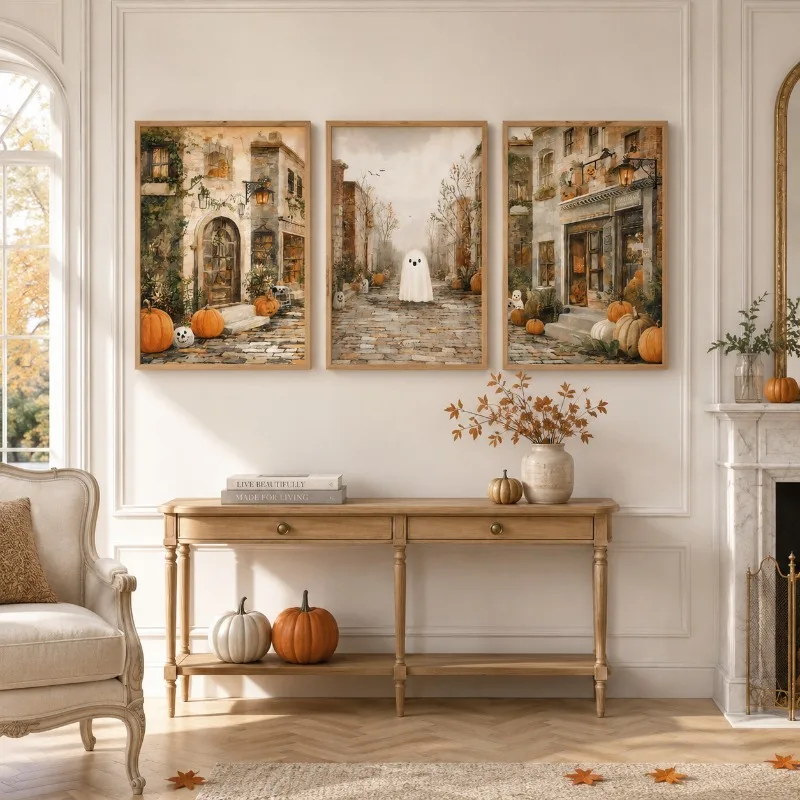 Watercolor Vintage Halloween Town Canvas Wall Art, Cute Spooky Ghost Pumpkin Prints for Cozy Neutral Fall Home Decor