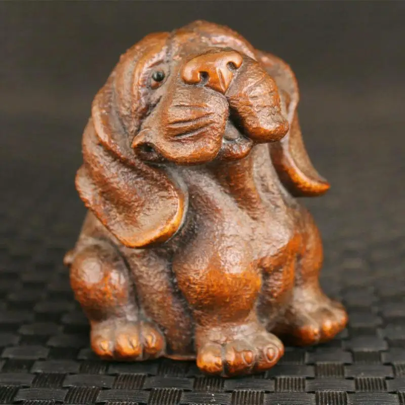 

Lovely Chinese Boxwood Handmade Carving Dog Statue Figure Hand Piece