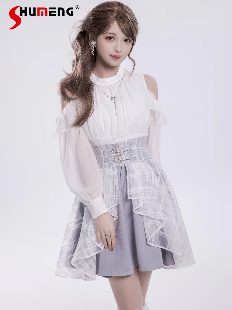 

Original Japanese Mines Style Pearl Crew Neck Off-shoulder Long Sleeve Shirt High-waist A-line Skirts Two-piece Set for Women