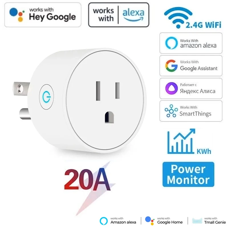 20A Wifi Smart Plug US Socket Wireless Switch Smart Home App Scene Linkage Support Alexa Google Home Voice Assitant Control Plug