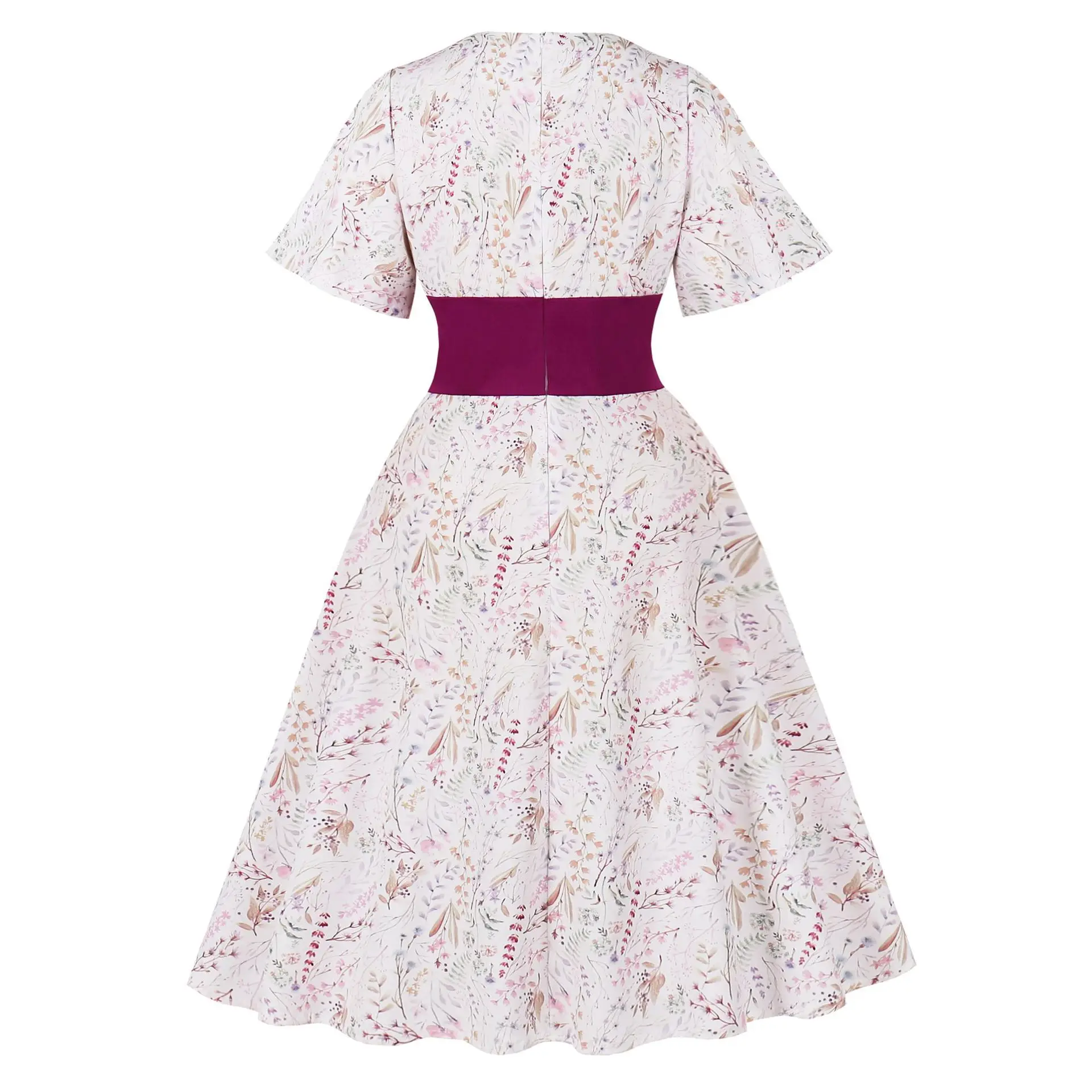 Women's Summer Short Sleeve V-Neck Floral Short Party Dress Vintage Robe Elegant Retro Office Midi Dresses