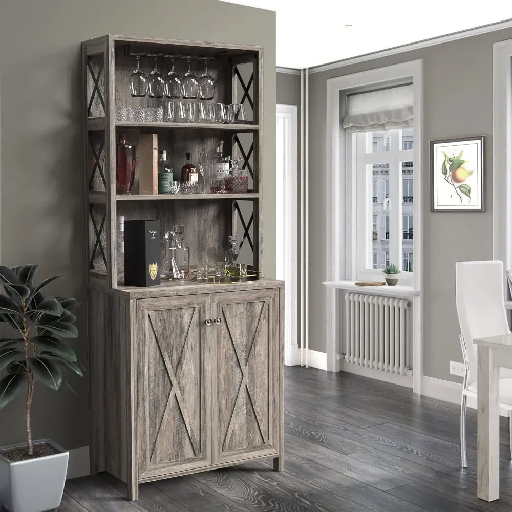 Liquor Cabinet for Living Room Showcases Tall Farmhouse Coffee Bar Wine Cabinet for Liquor and Glasses Kitchen Rustic Grey Wash