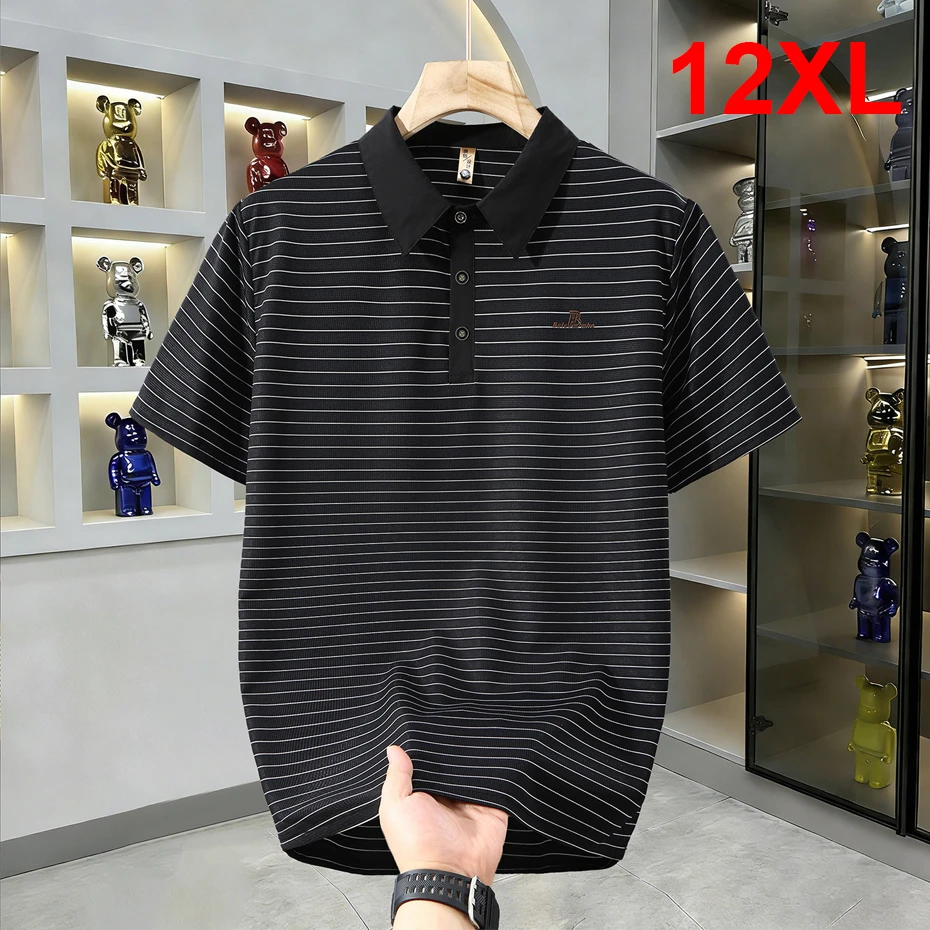 

Черная полосатая рубашка-поло для мужчин, размеры 10XL, 12XL, большие размеры, модная повседневная дышащая рубашка-поло для мужчин, большие размеры 10XL, 12XL