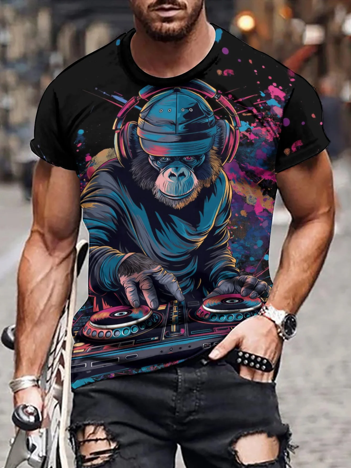 2024 New Men's 3D Graffiti DJ Monkey Pattern T-shirt, Casual Cool Micro Elastic Breathable T-shirt, Summer Outdoor Men's Wear