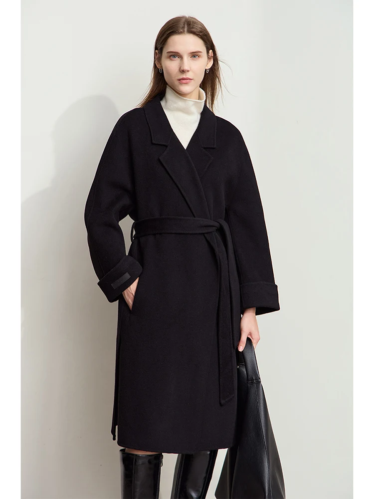 AMII Minimalist Woolen Coat for Women 2024 Winter New Lapel Collar Long Sleeve with Belt Sheepwool Double-side Overcoat 12424009