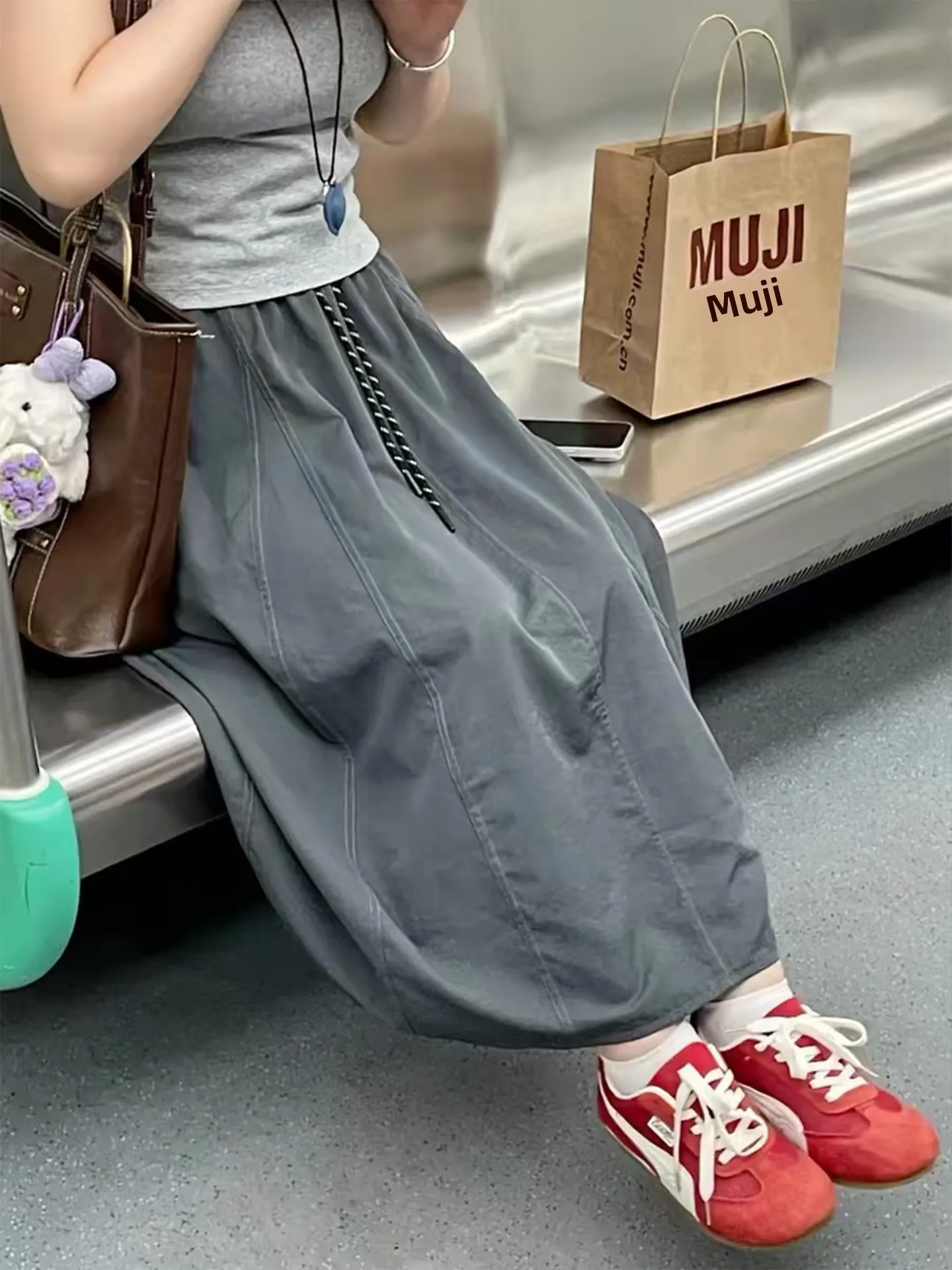 plus Size Grey High Waist Midi Skirt Women's Summer Loose Fit Workwear Style Slimming Umbrella Skirt for Heavy Girls