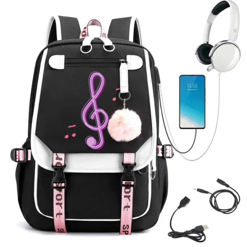 Mochilas escolares impermeables para niñas y niños, moradas, con notas musicales, de dibujos animados, para libros