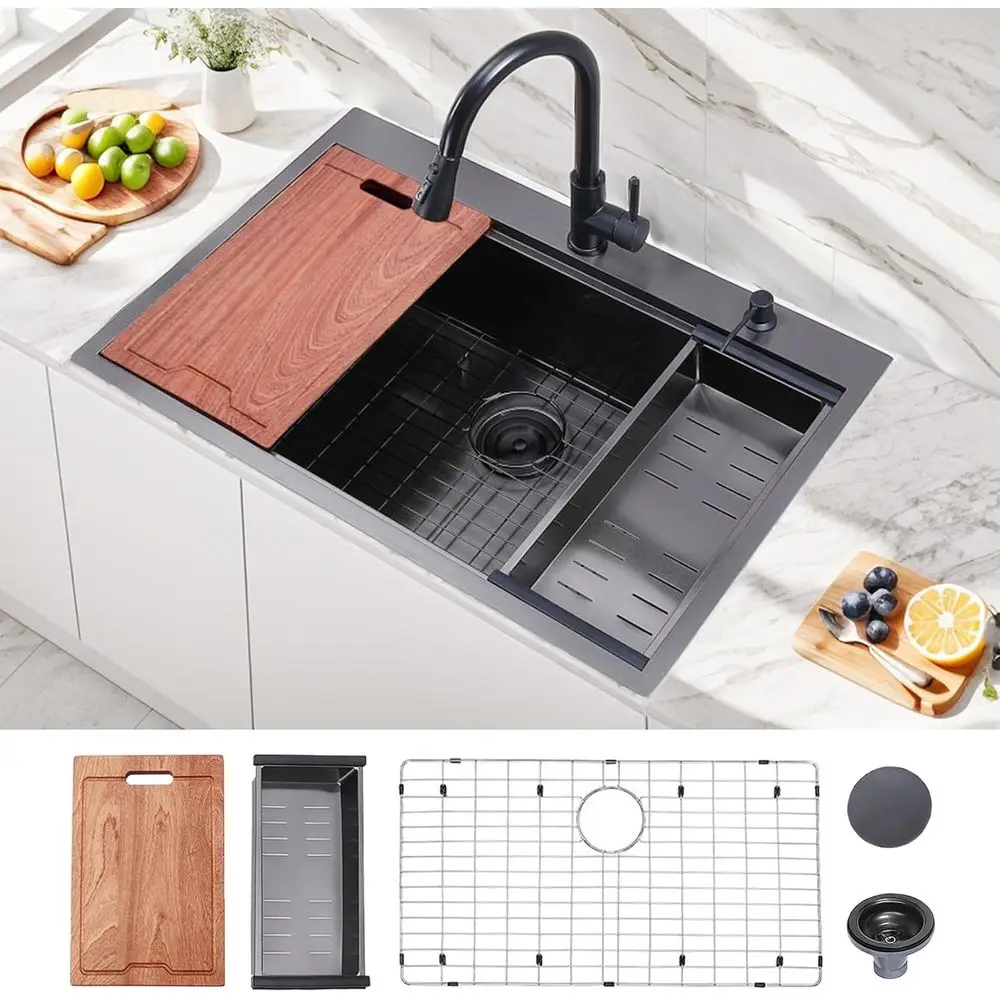 

33x22 Inch Black Drop In Kitchen Sink - 33 Inch Top Mount Single Bowl 9 Inch Deep Handmade Workstation Sink in Gunmetal StainlSt