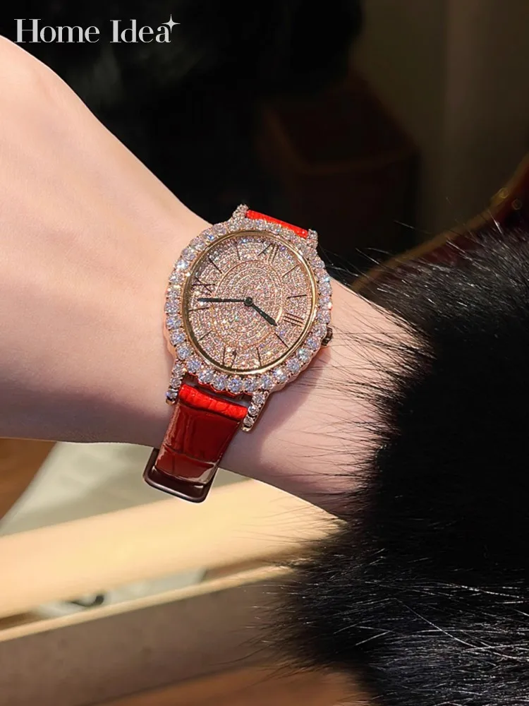 Fashion Women Shiny Diamonds Studded Quartz Watch Genuine Leather Strap Pin Buckle Office Ladies Work Watches Luxury Wristwatch