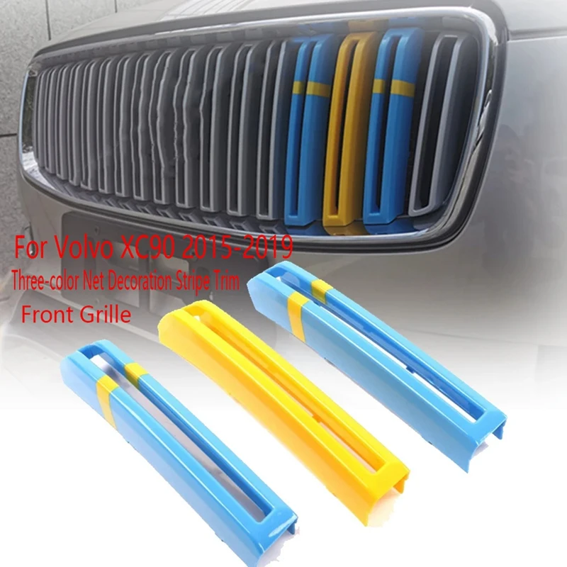 Front Grille Three-Color Net Decoration Stripe Network Stickers Center Grille Cover Trim For Volvo XC90 2015-2019