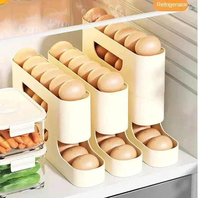 4-Layer Slide Egg Storage Box, Automatic Rolling Egg Dispenser, Large Capacity Refrigerator Side Door Organizer for Kitchen 3