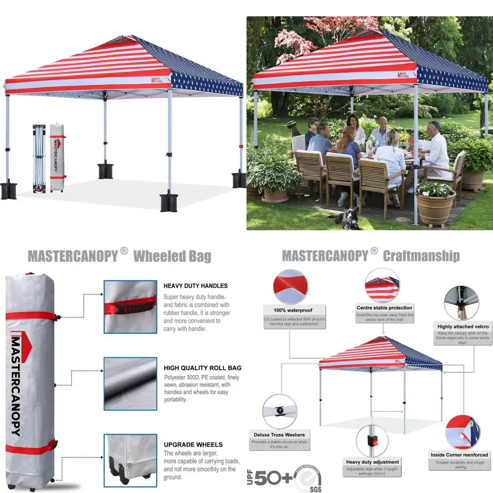 

Прочная выдвижная палатка с навесом 10x10 и сумкой на роликах — дизайн американского флага, идеально подходит для мероприятий на открытом воздухе