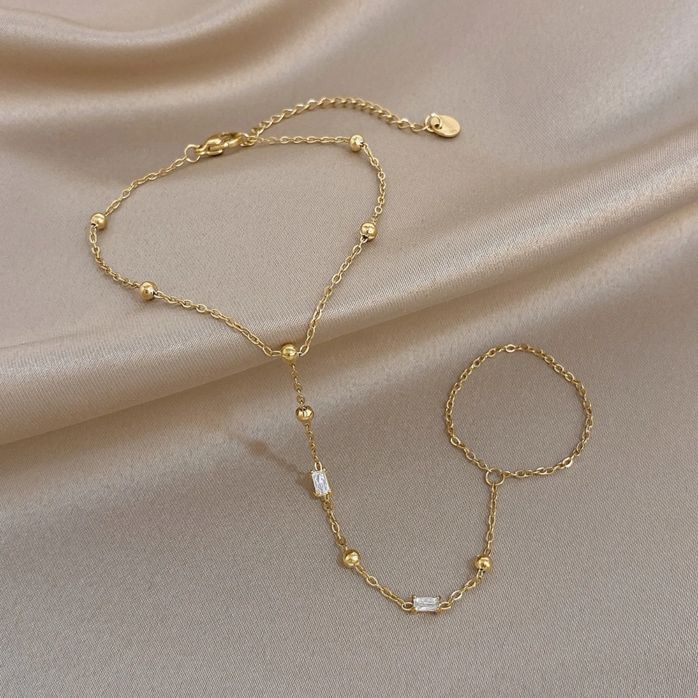 Fashion Square Zircon Beads Bracelet for Women Gold Color Stainless Steel Link Connected Finger Ring Bracelets Hand Jewelry