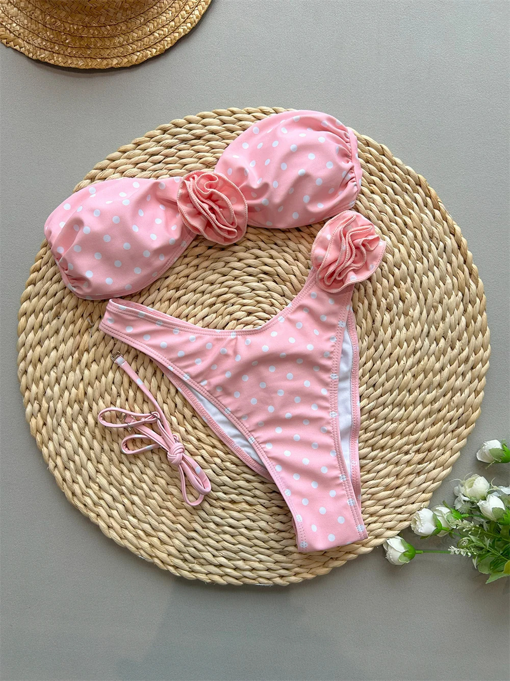 Para Praia Pink Dot 3D-Blumen-Bandeau-Bikini-Set 2025, Push-Up-Bademode für Damen, brasilianischer Badeanzug, Bikini, sexy Badeanzug