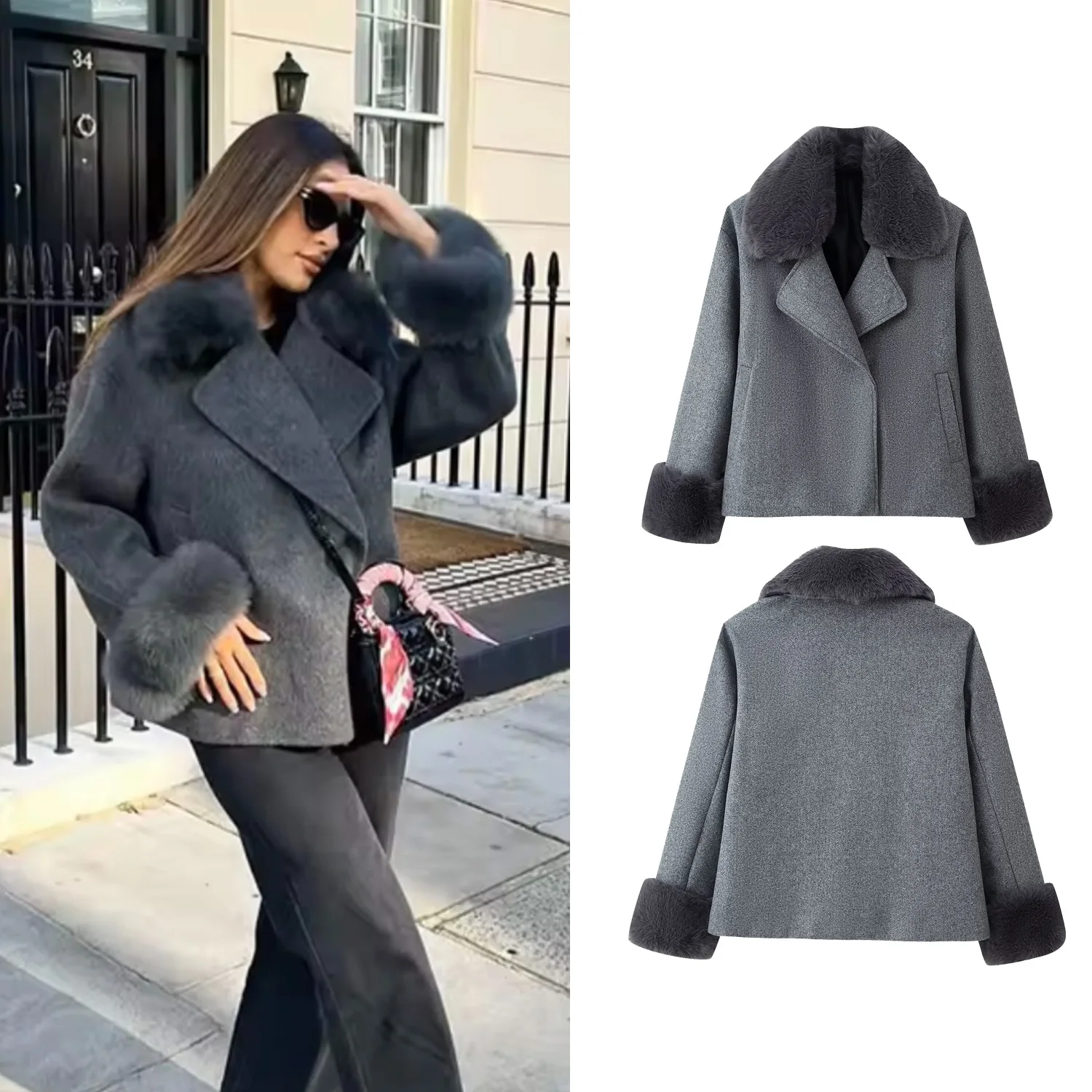

Women Gray Winter Warm Fur Spliced Woolen Coat Female Loose Lapel Long Sleeve Solid Short Jacket Autumn New Lady Elegant Overcoa
