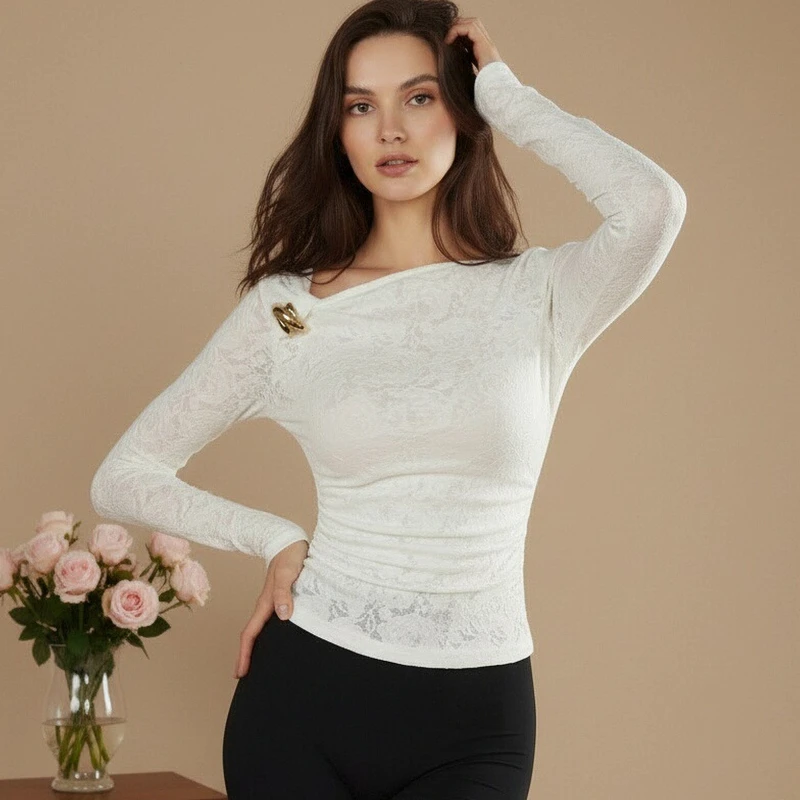 

Tsiisd White Printed T-Shirt Top For Women See-Through Slim Metallic Inner Fashion Streetwear Commute Pullover Top Female 2026