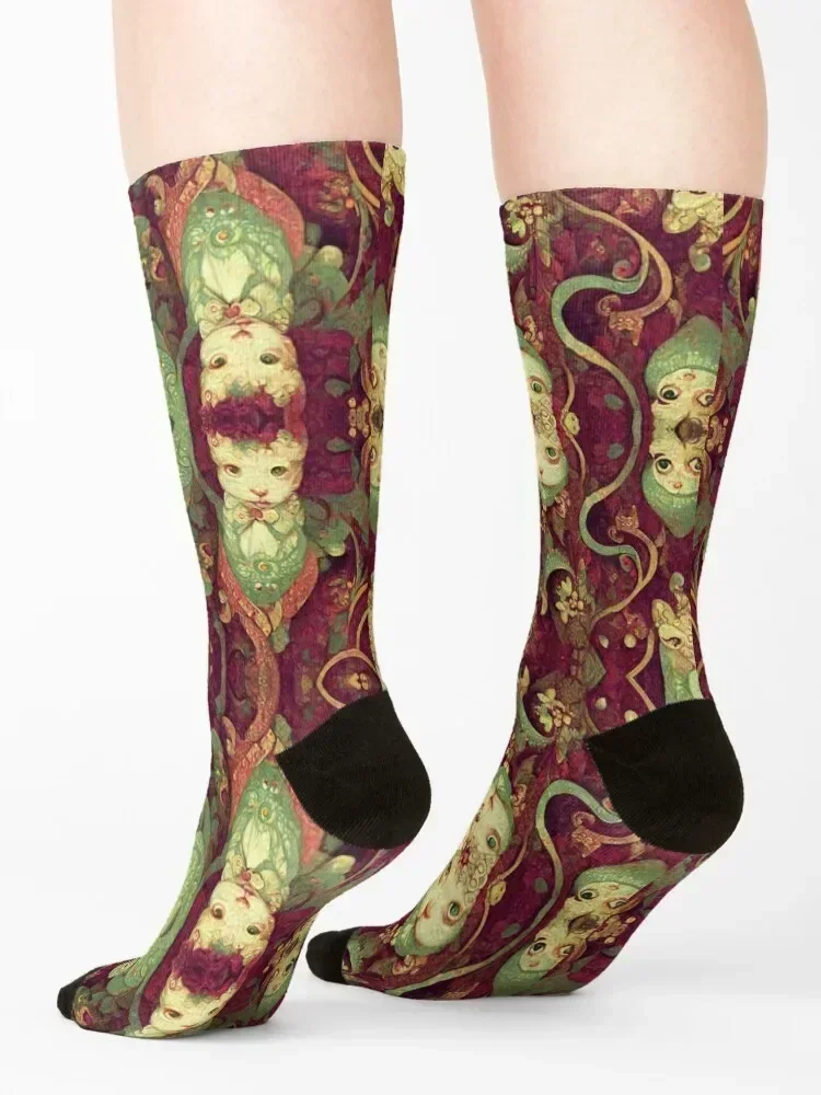 Kitten Cat Sage Green Dream on Burgundy Red Floral Motif Socks custom heated cute Socks For Men Women's