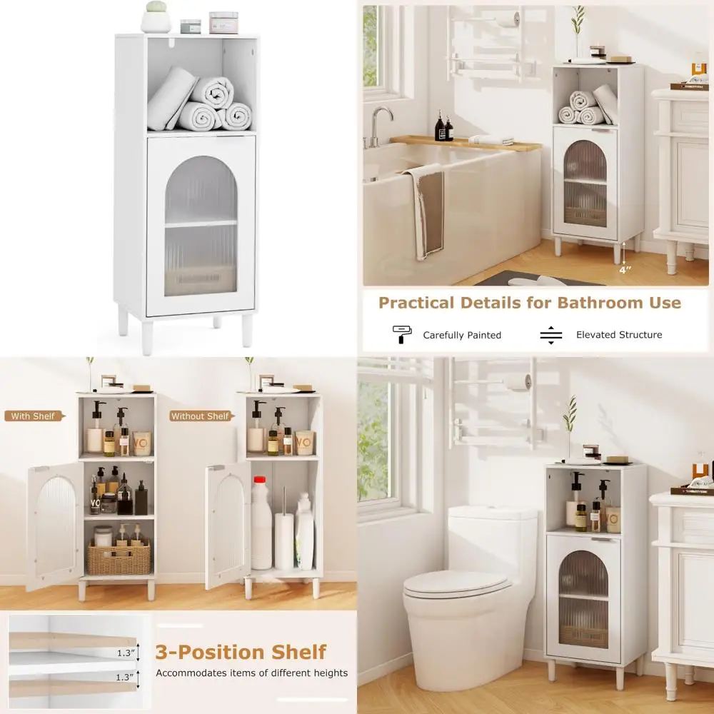 

деревянный напольный шкаф для ванной комнаты с регулируемой полкой, дверью из закаленного стекла и защитой от опрокидывания.