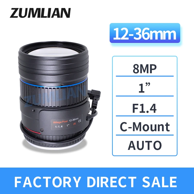 

ZUMLIAN 12-36mm Zoom Lens IR 8MP 1 Inch Sensor Size High Resolution C-Mount CCTV Auto Iris F1.4 Varifocal Surveillance Camera