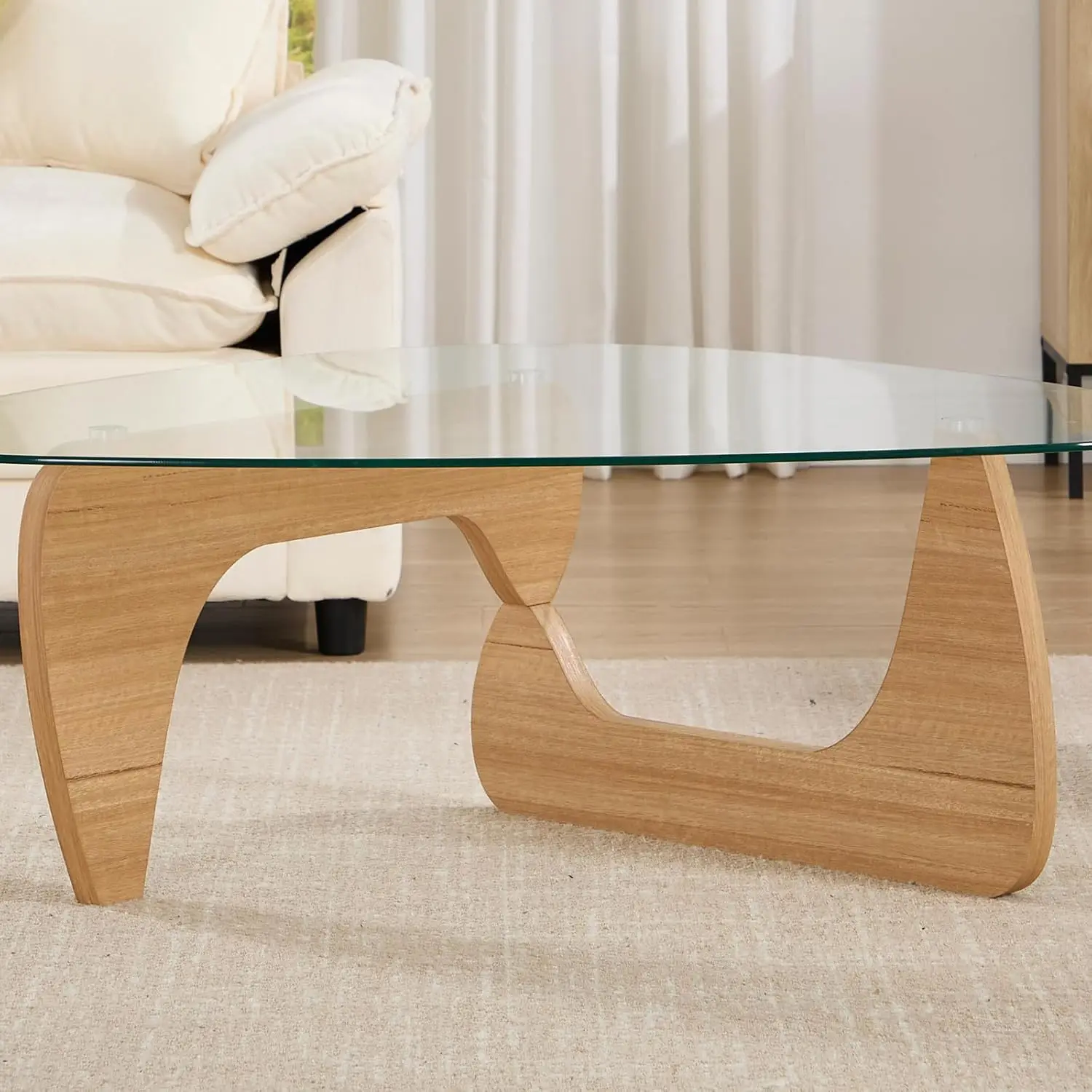 Modern Noguchi Coffee Table, Triangle Coffee Table With Tempered Glass Modern Vintage Glass Tea Table Wood Glass Accent Center