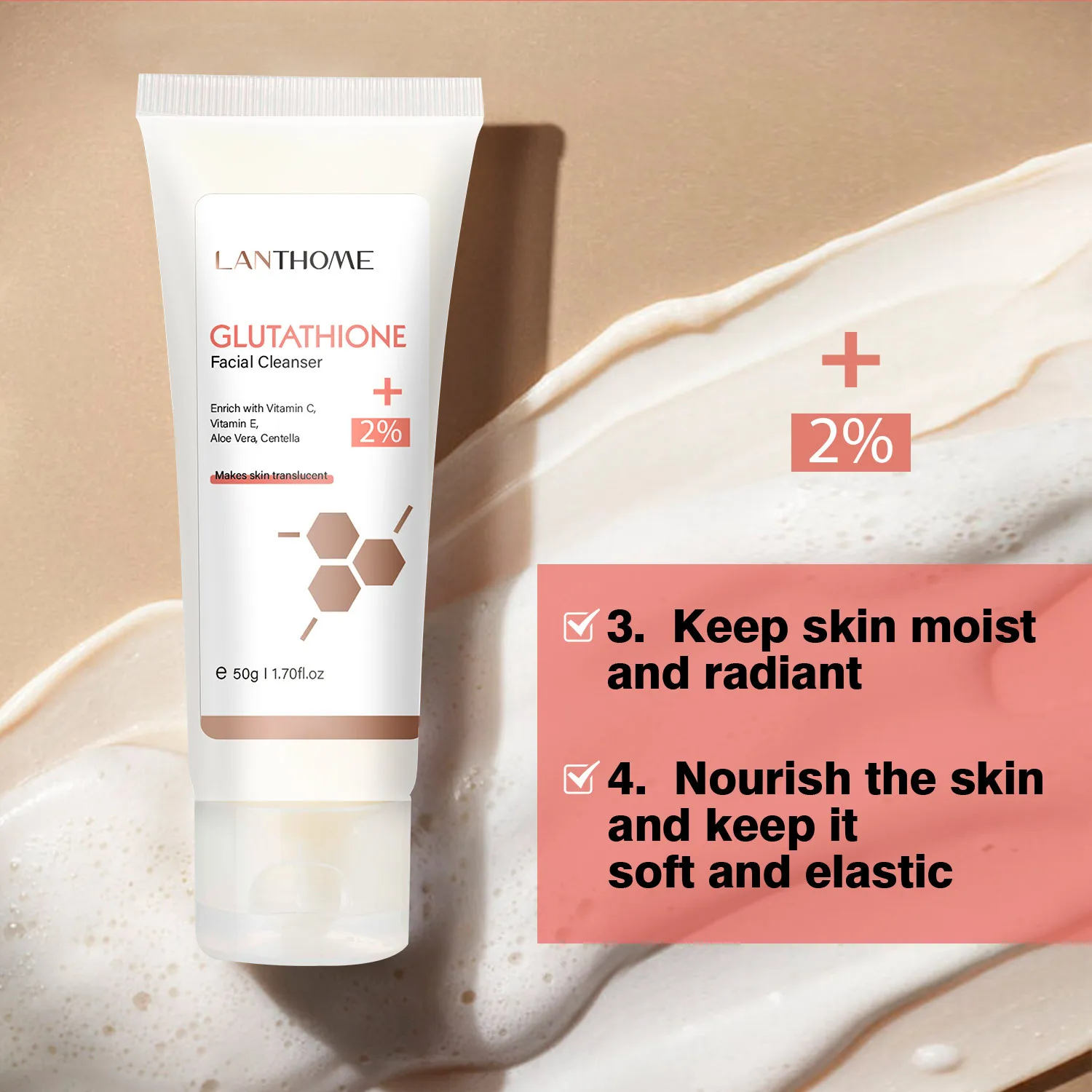 Low Price LANTHOME Glutathione Cleanser Is Gentle and Moisturizing Facial Cleanser (50g*2)