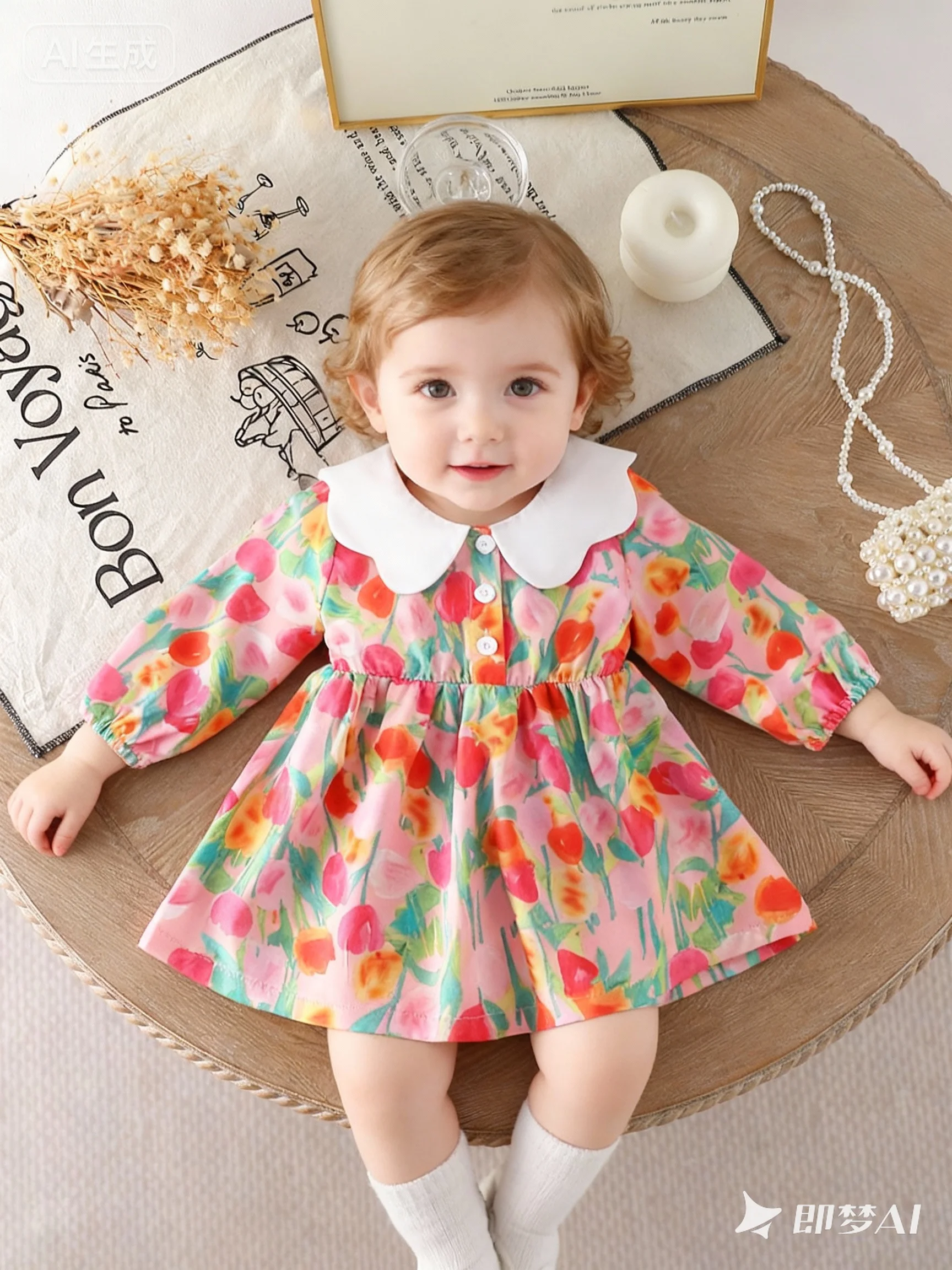 Romantic oil painting style baby girl's full-body printed dress with front opening buttons, autumn (excluding bag)
