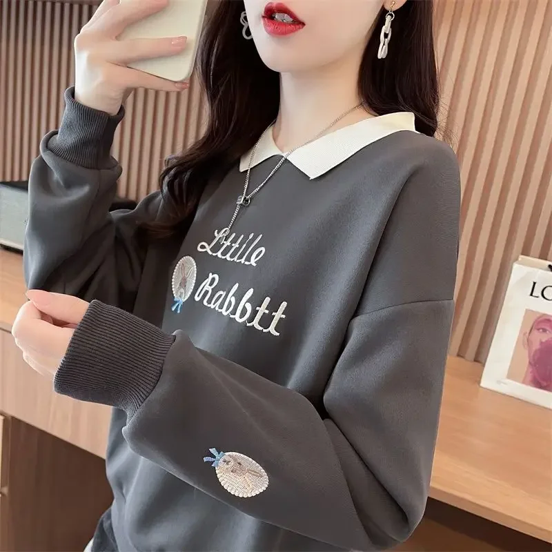 ผู้หญิงฤดูใบไม้ผลิฤดูใบไม้ร่วง Pulloverturn-Down COLLAR การ์ตูนปักโคมไฟแขนยาว Hoodies Office Lady เสื้อแฟชั่น