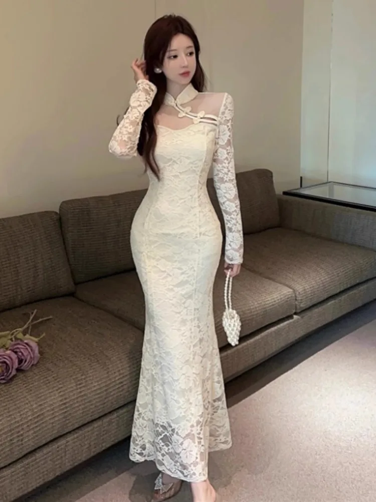 Topanoma Temperament Evening Dresses Women Sexy Lace Patchwork Long Sleeve Slim Mermaid Dress Elegant Wedding Party Cocktail