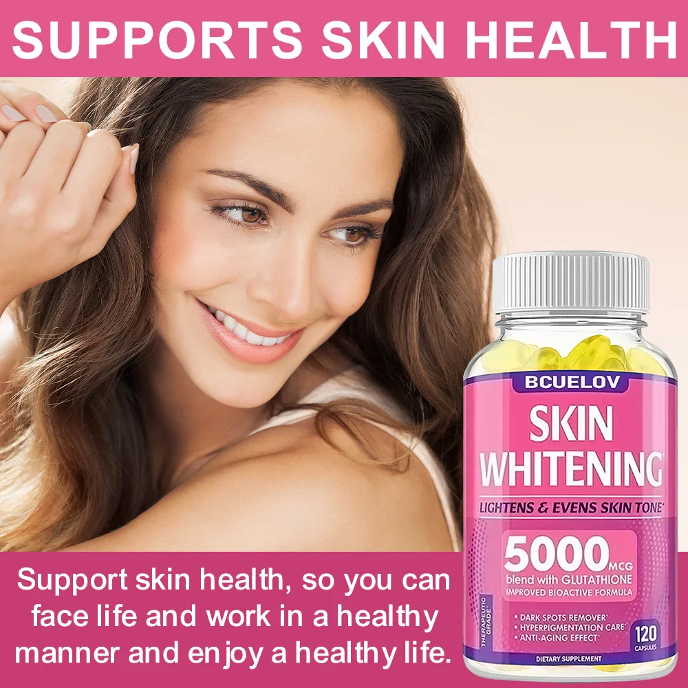 كبسولات تبييض الجلوتاثيون - 5000 ميكسل، مكمل L-الجلوتاثيون مع القرفة، مضاد للأكسدة، معزز لون البشرة، صحة البشرة