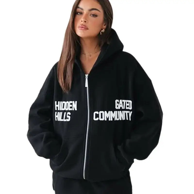 2026 nieuwe Amerikaanse hiphop-punk stijl street letter print top met capuchon, losse casual rits-sweatshirt