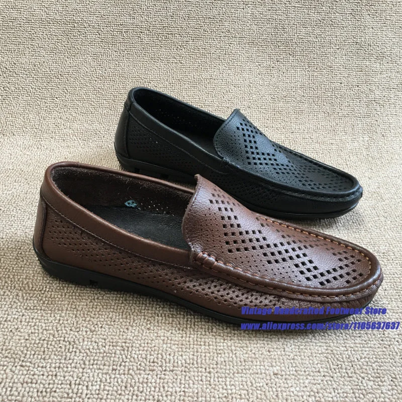 Men's Brown/black Hollow Out Leather Loafers Breathable Slip On Shoes Non-Slip Dress Shoes ﻿Vintage Handcrafted Men's Shoes