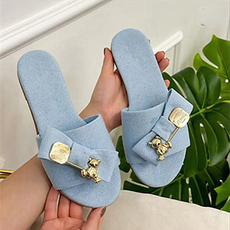 Women\'s Slippers Summernew Flat Round Head Open Toe Bow Metal Decorative Sandals Casual Comfortable Lightweight Nonslip Slippers