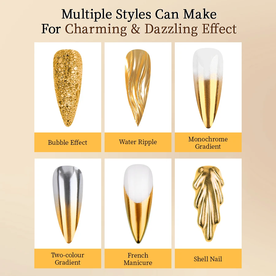 RS كروم مسحوق الأظافر المجسم مرآة سحرية معدنية ذهبية فضية فرك مسمار الفن بريق الغبار لتزيين تصميم الأظافر