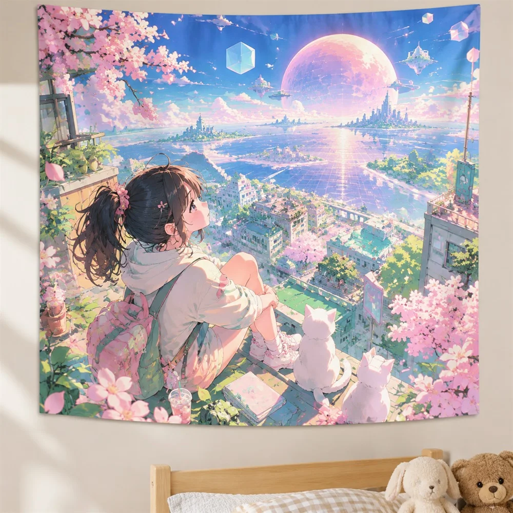 VIKAMA Virtual Grid Anime Tapestry Wall Hanging, Aesthetic Cyberpunk Anime Room Decor Tapestries for Bedroom Living Room Office