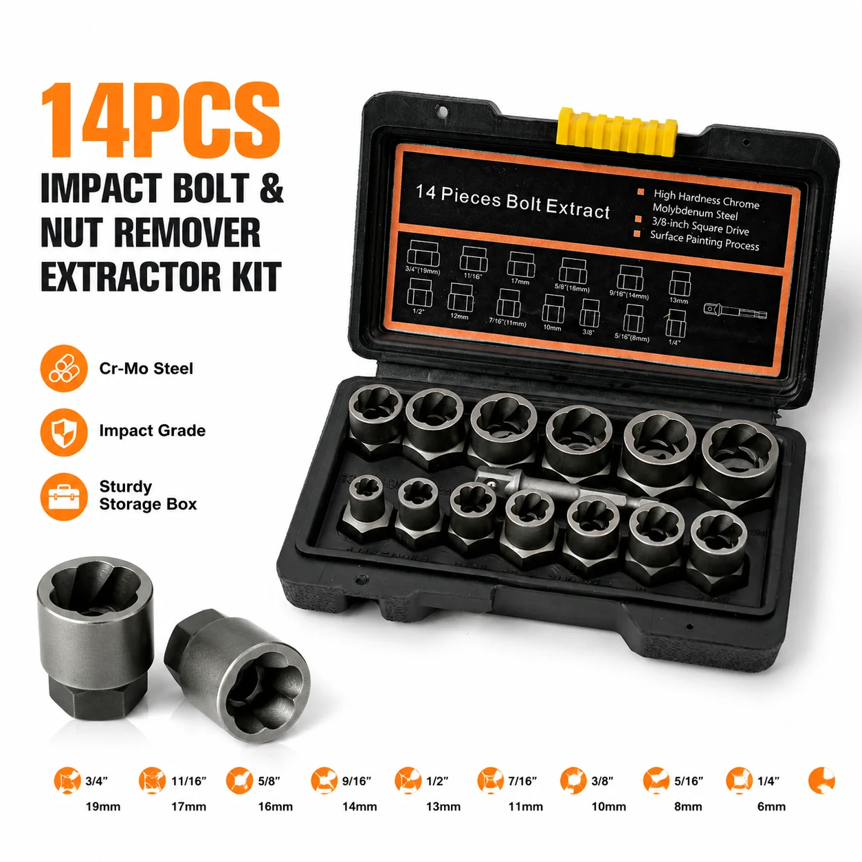 

Cr-Mo Steel 14PCS Impact Bolt & Nut Remover Extractor Kit, With Sturdy Storage Box For Industrial Drop Shipping