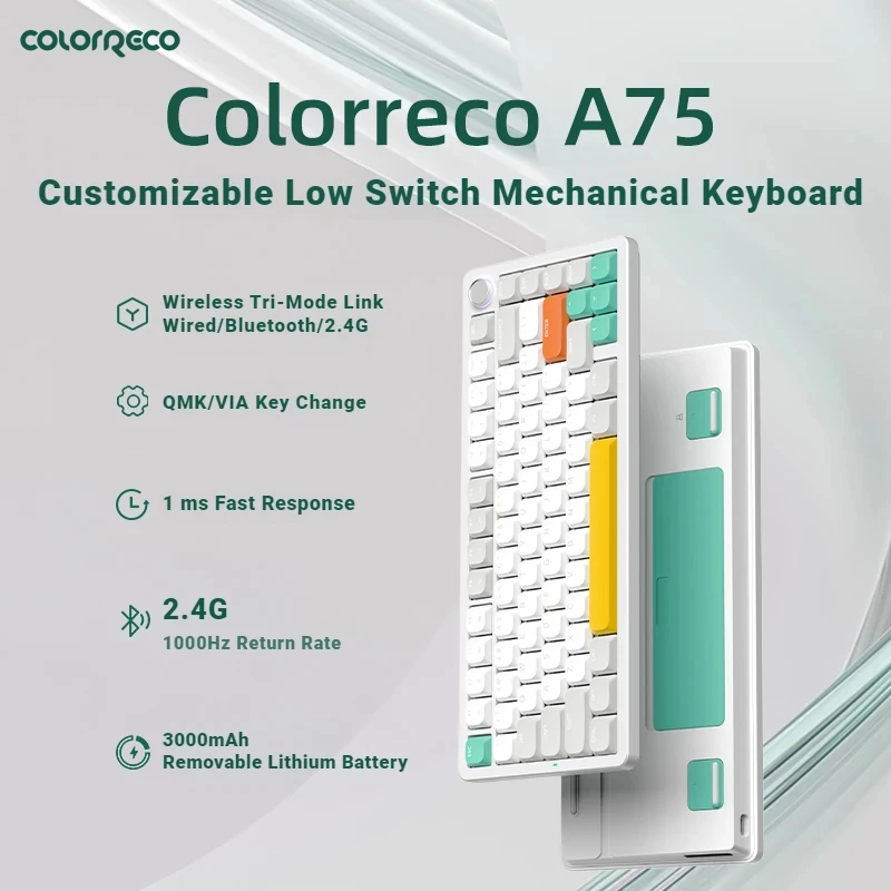 Imagem -06 - Colorreco-teclado Mecânico sem Fio Interruptor Anão Modos Bluetooth Latência de 1ms Ergonomia Qmk Via Escritório Portátil Personalizado A75