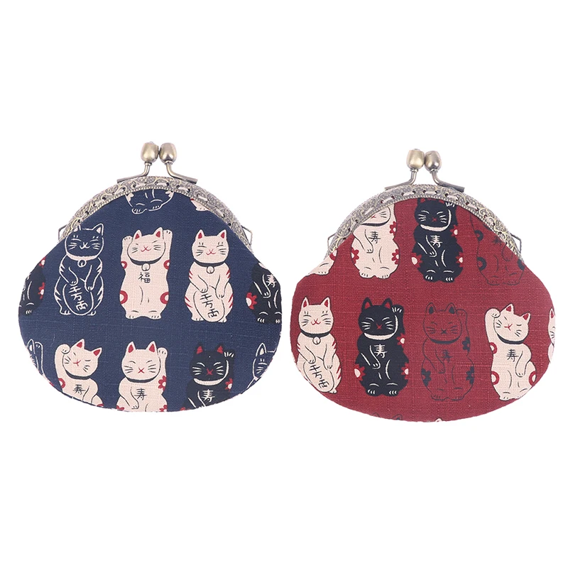 1Pc borsa a vento cinese portamonete in tessuto a forma di gatto fortunato portachiavi bella borsa portaoggetti in tessuto tascabile blu rosso