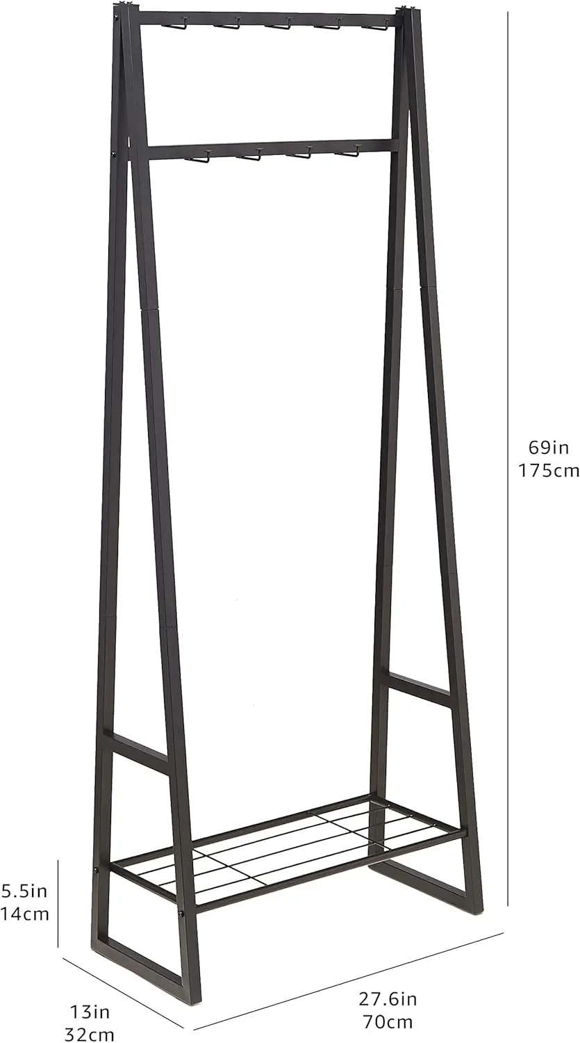 Cabide de 9 ganchos com prateleira para sapatos, organizador de entrada preto 27,6 x 13 x 69 polegadas