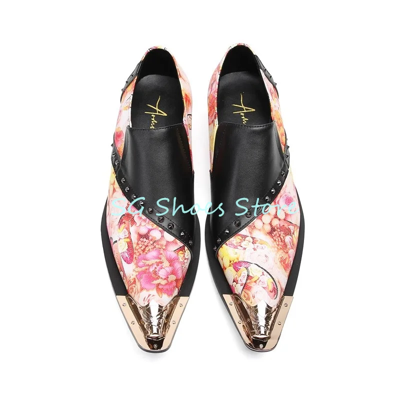 

Male Business Dress Shoes Punk Rivet Metal Square Toe Chunky Heel Loafers for Men Mixed Color Prints Leather Patchwork Shoes
