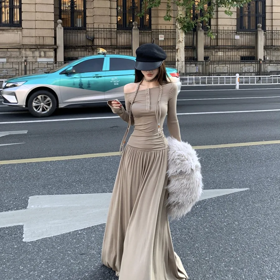 Sexy longue Sve asymétrique oulder minceur Dr rétro vêtements intérieurs trajet taille haute coréen Sle automne nouveau Dr des femmes