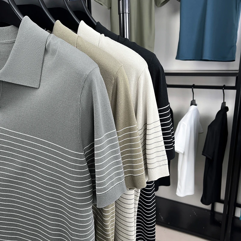 الرجال تنفس ليوسيل القمم 2025 الصيف الكلاسيكية مخطط الحرير القطن تريكو قصيرة الأكمام الذكور رفض طوق متماسكة تي شيرت